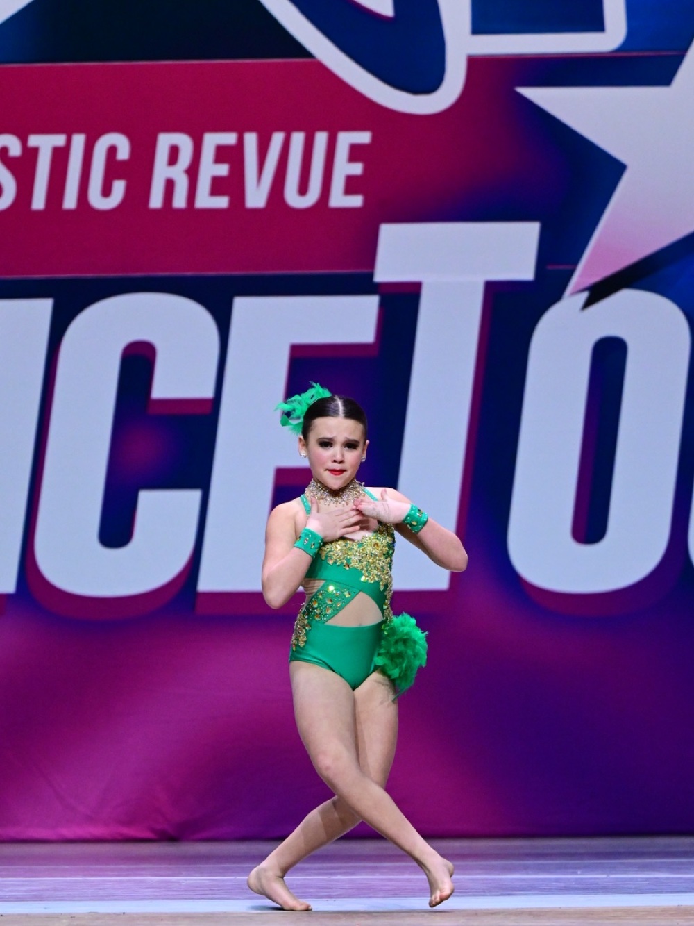 Glamour Emerald Green Dance Costume with Gold Sequin Trim and Feathers